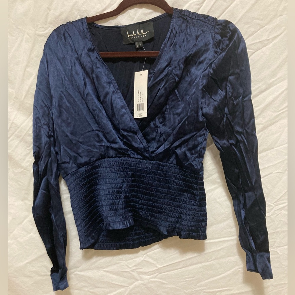 Nicole Miller Blue Fitted Ribbed Wrap Blouse